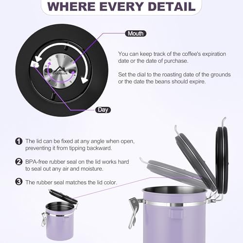 ShanSon Coffee Canister Airtight, Stainless Steel Bean Storage Container with Date Tracker & Scoop, Grounds Sugar Flour Tea Cereal Fits Kitchen Pantry, Ideal Gift for Coffee Lovers,12oz, Purple