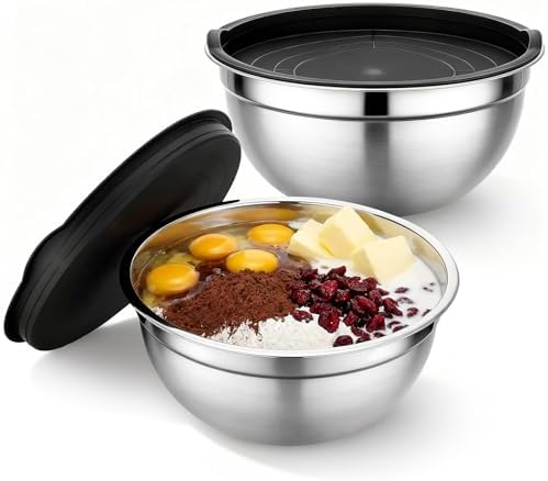 Beasea Stainless Steel Mixing Bowls, 2 Pack 3.4 QT Metal Nesting Mixing Bowls with Black Lids, Stackable Baking Bowl with Lid for Kitchen, Prepping, Serving, Cooking