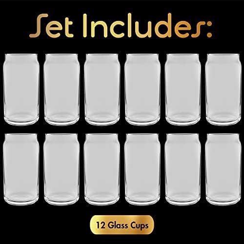 16 oz Can Shaped Glass Cups, Set of 12 Beer Can Glasses, Aesthetic Soda Can Cup Clear Glass Tumbler Beer Glasses, Cute Cups Tall Cocktail Drinkware, Cool Drinking Glasses for Kitchen, Modern Glassware