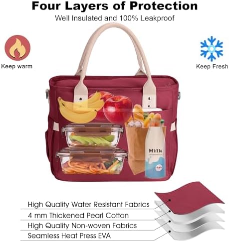 Hafmall Large Lunch Box for Women, Insulated Lunch Bag, Wide Opening, Red