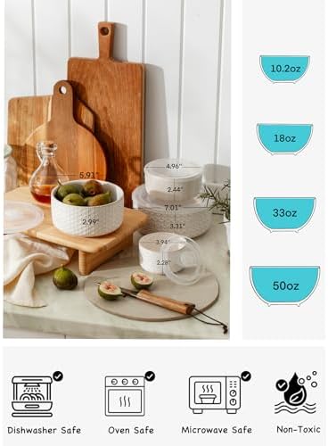 Serving Bowls with Lids, Ceramic Nesting Bowls Set of 4, Off-White