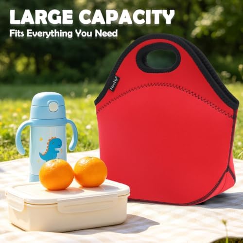 FlowFly Neoprene Lunch Tote Insulated Thermal Reusable Lunch Bag Box for Boys Men with Zipper (Red)