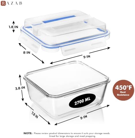Razab 2700ml / 91Oz / 11.5 Cups Large Glass Food Storage Containers with Lids - Glass Meal Prep Containers for Roasting & Storing Leftover, Glass Lunch Container, Microwave & Oven Safe
