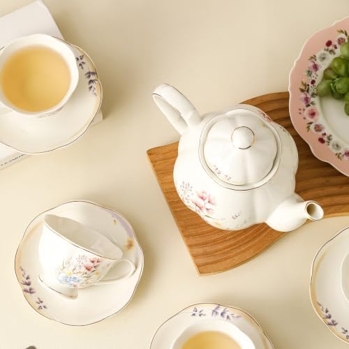 34oz Porcelain Floral Teapot, Classic Tea Gift with Gold Trim