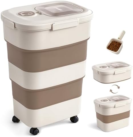 ZOMISIA 40-50lbs Collapsible Dog Food Storage Container with Wheels, Brown