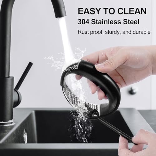 Garlic Press Rocker - Rust Proof & Dishwasher Safe Garlic Mincer, Stainless Steel Garlics Crusher Chopper Set with Peeler Brush, Easy to Clean and Squeeze, Masher for Garlics, Ginger, Spices