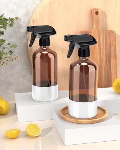 Bontip Glass Spray Bottle with Silicone Sleeve Protection, Amber Glass Spray Bottle Set for Window Cleaner Aromatherapy Facial Hydration Watering Flowers Hair Care 2 Pack/16 oz (White, 16 oz)