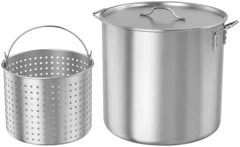 GasOne 100Qt Aluminum Stock Pot with Strainer and Lid – Large Deep Fryer Pot with Basket for Boiling, Frying Turkey, Seafood, Crawfish – Food-Grade Aluminum Large Cooking Pot with Sturdy Handles
