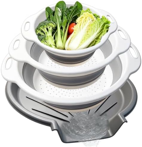 Collapsible Colanders Food Strainers, 3-Pack Foldable Kitchen Strainers with Over-Sink Water Draining Tray, Space Saving Kitchen Drainer for Vegetables, Fruit, Pasta and Rice (White-Gray)