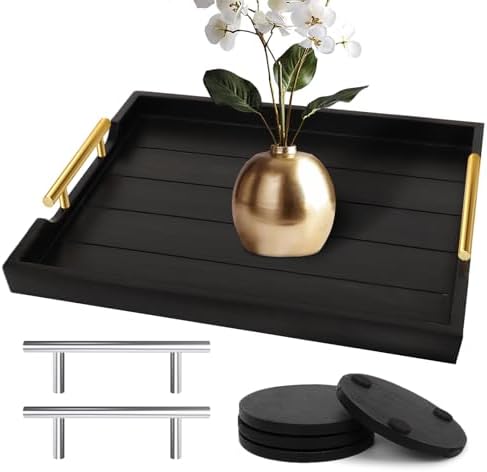 SXNOWS Wood Serving Tray with 2 Sets of Handles,Black