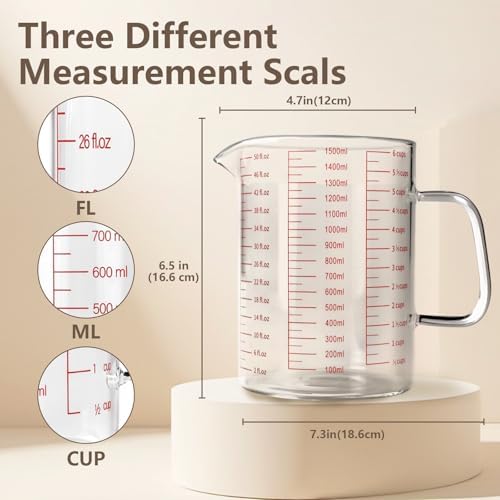 WhiteRhino Glass Measuring Cup,6Cup/1500ml/50oz Liquid Measuring Cups, Measuring Cup With Handle and V-Shaped Spout, Glass Beaker with Three Scales (OZ, Cup, ML), Dishwasher/Freezer/Microwave Safe