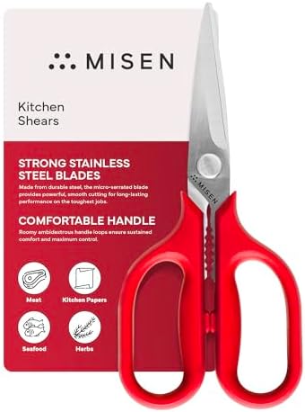Misen Heavy Duty Kitchen Shears - Comfortable Ambidextrous Scissors for Meat, Poultry, Herbs & More - Easy to Clean - German Stainless Steel - Small | Red