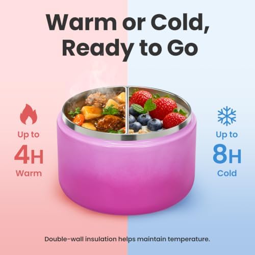 Pawtong 12oz Insulated Vacuum Food Jar with Buckle Lid Wide Mouth Soup Thermo for Hot Food Kids Leakproof Stainless Steel Lunch Container (Gradient Purple, 12OZ)