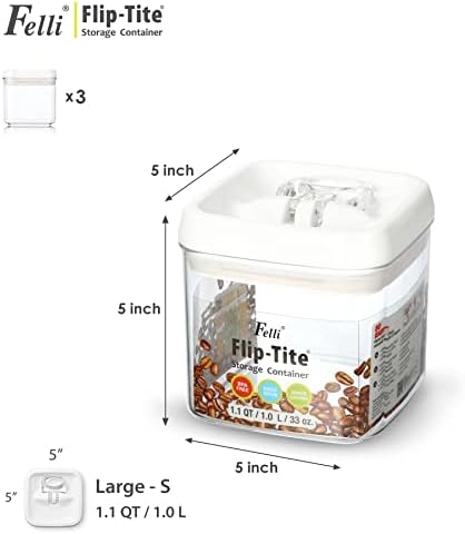 Felli Flip Tite Food Storage Container 5" LARGE Size Airtight Lid Lock Top, Stackable Kitchen Canister for Space Saving, Pantry Fridge Cupboard Organizer, Spice Seasoning Pet Treats Snack (1.1 qt)