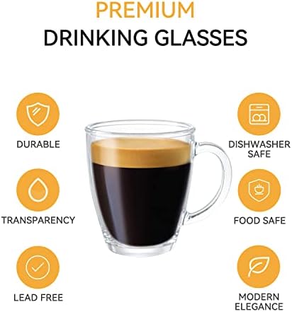 D.M DESIGN·MASTER [6 Pack,12 OZ] - Premium Glass Coffee Mugs with Handle, Transparent Tea Glasses for Hot/Cold Beverages, Perfect for Americano, Latte or Macchiato, Beverage.