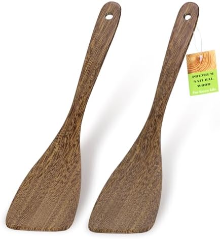 Ecavria 2PCS Wooden Spatula, 12.8IN Wooden Flat Frying Spatulas, Long Handle Wood Turner for Non-Stick Cookware, Natural Wood Cooking Utensils, Healthy, Sturdy & Heat-Resistant