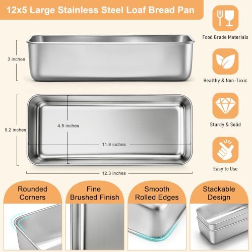Homikit 12x5 Inches Stainless Steel Loaf Pan, 1 Pack Large Bread Baking Pan