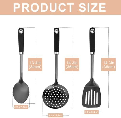 3-Piece Stainless Steel Utensil Set, Turner, Spoon, Skimmer, Black