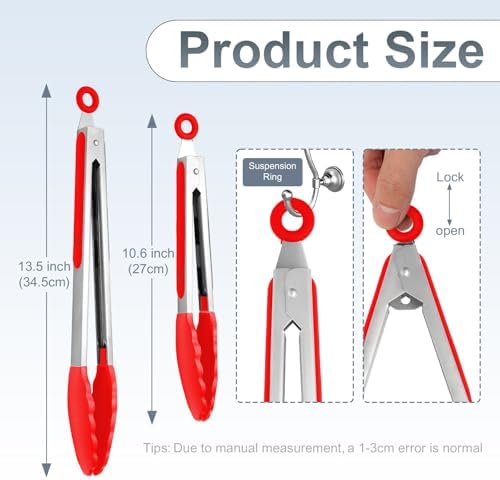Premium Stainless Steel Heat Resistant Kitchen Tongs for cooking,set of 9" and 12" (Red),Non Scratch Silicone cooking Tong Tip for Cooking Pans,Strong Grip BBQ tongs for Grabbing Hot Food