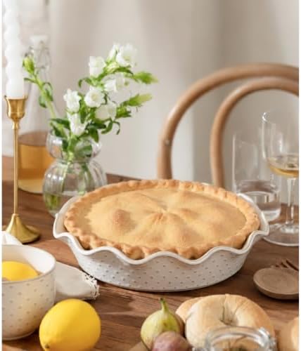 Ceramic Deep Pie Pan for Baking, 11 inch Porcelain Pie Plate for Apple Pie, Oven & Dishwasher Safe, Farmhouse Decor, 48 Ounce Deep Plate for Kitchen, Non-Stick Pie Dish, Embossed Diamond