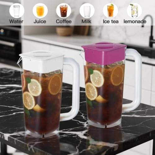 CURTA 4 Pack 2L/68 oz Plastic Pitcher with Lid & Handle, Large Capacity Water Jug with Measurement Marks, Clear Fridge Pitcher for Iced Tea, Juice, Lemonade & Cold Beverages