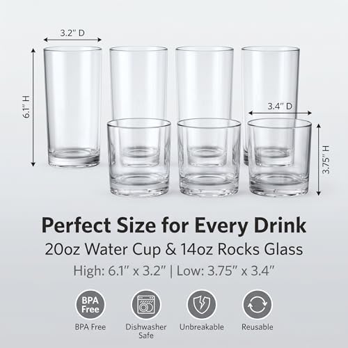 Meolibour® Acrylic Drinking Glasses Set of 8, 14oz Rocks & 20oz Water Cups, Unbreakable Plastic Drinkware, Clear Kitchen Tumblers for Home Outdoors, Reusable, BPA-Free, Top-Rack Dishwasher Safe