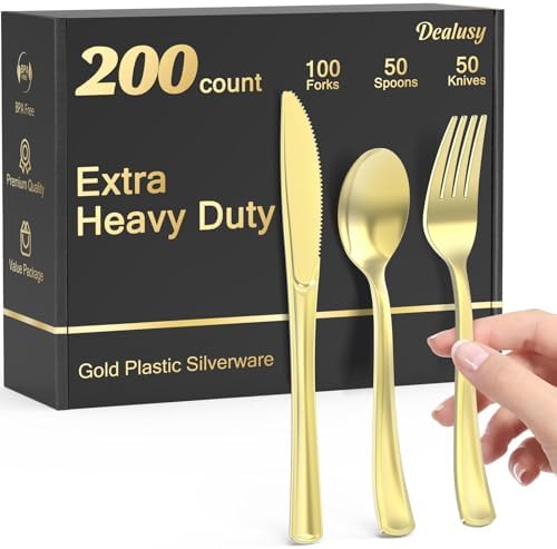 Dealusy 200 Count Heavy Duty Gold Plastic Silverware