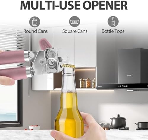 Safring Can Opener Manual, Heavy Duty Handheld Strong Can Opener with Soft Touch Handle, Sharp Blade Smooth Edge, Can Openers with Multifunctional Bottle Opener, Pink
