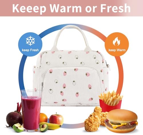 GASSDA Lunch Box for Women Insulated Lunch Bag Women Adult Cute Lunch Bags Reusable Lunchbox Cooler Tote Bag for Work Picnic (Beige-Light Strawberry)