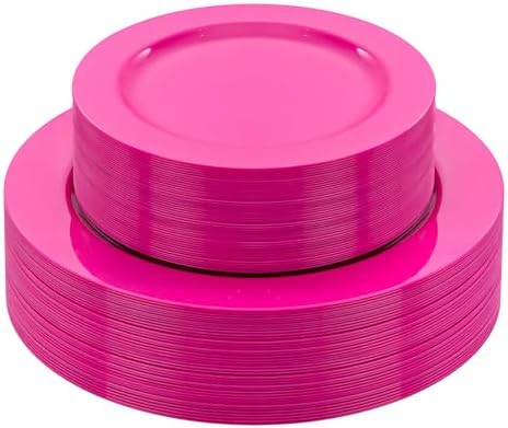 FLOWERCAT 60PCS Hot Pink Disposable Party Plates Set – 30 pcs 10.25″ Dinner Plates & 30 pcs 7.5″ Dessert Plates for Spring Parties, Valentine’s Day, Wedding – Sturdy & Stylish Tableware