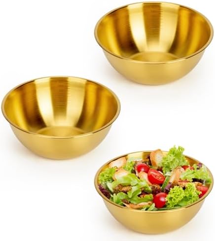 3-Piece Stainless Steel Golden Mixing Bowls (1.26Qt) Metal Bowl Set with Measurement Marks, Dishwasher Safe & Stackable - For Baking, Salad Making, Meal Prep and Kitchen Use
