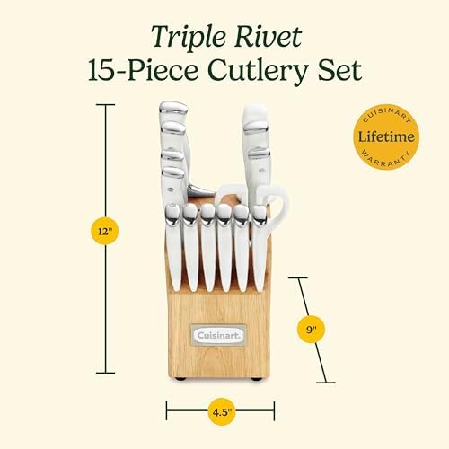 Cuisinart 15-Piece Knife Set with Block, High Carbon Stainless Steel, Forged Triple Rivet, White, C77WTR-15P (Pack of 2)
