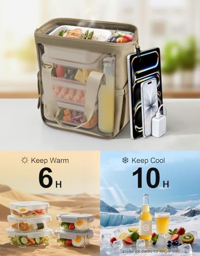 ISEYOU Large Lunch Bag for Men & Women, 20L Insulated Cooler Bag with Wide Opening, Leak-Proof & Multi-Pocket Leather Lunch Box, Adjustable Strap Lunch Tote Bags for Work, Office, Picnic and Camping