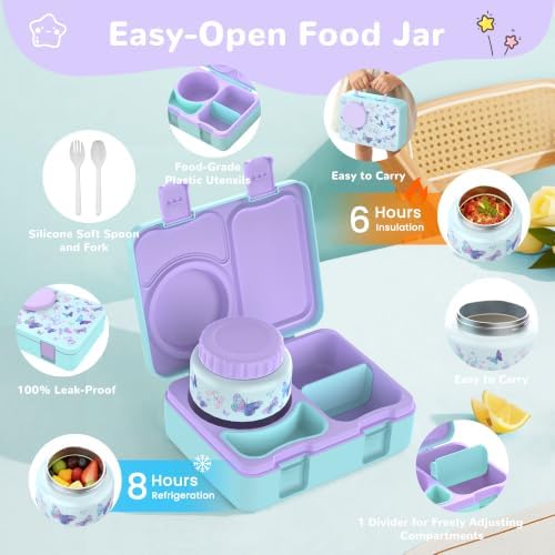 Bento Lunch Box with Food Jar, Water Bottle, Lunch Bag, Butterfly