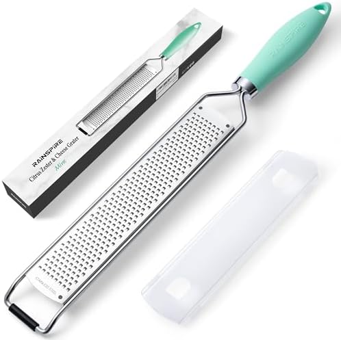 Rainspire Zester Grater with Handle, Lemon Zester Cheese Grater for Kitchen Stainless Steel, Parmesan Cheese Garlic Nutmeg Chocolate Fruits Vegetables Ginger Grater, Fine, Mint Green