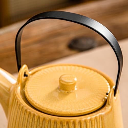 Yundu Ceramic Teapots for Tea, 1000ml/33.8oz Tea Pot with Infusers for Loose Tea, Striped Tea Pot with Removable Tea Infuser - Reactive Mustard