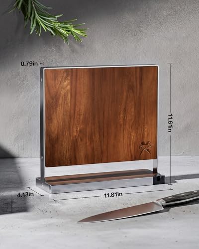 RAVS Magnetic Knife Holder for Countertop, Double-Sided Acacia Wood Magnetic Knife Block with Stainless Steel Frame, Freestanding Knife Storage Rack with Knife Sharpener, Magnetic Knife Holder Stand