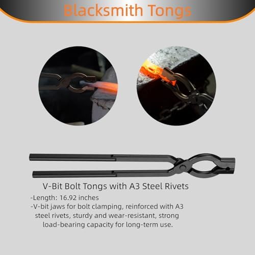 Blacksmith Tongs Set, 17 Inch Carbon Steel Forging Tongs, 1-Piece Professional Blacksmithing Tools for Beginners and Expert Craftsmen