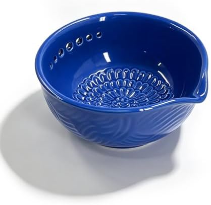Grater Plate, 3 in 1 Handmade Tool Ceramic Bowl with Herb Stripper (Blue)