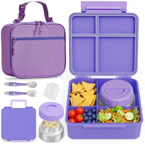 Bento Box for Kids with Thermo Food Container (9oz), 4-Compartment Lunch Box, Adjustable Divider, Leakproof Bento Lunch Box, Includes Utensils & Carry Bag for School, Office(Purple)