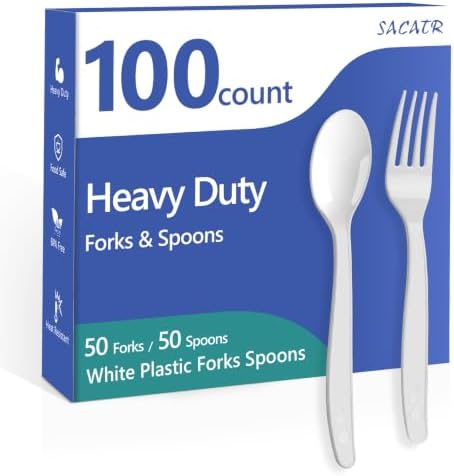 SACATR 100 Count White Plastic Silverware Heavy Duty -Forks,Spoons