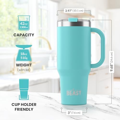 Beast 42 oz Tumbler with Handle Stainless Steel Vacuum Insulated Coffee Ice Cup Double Wall Travel Flask (Aquamarine Blue)