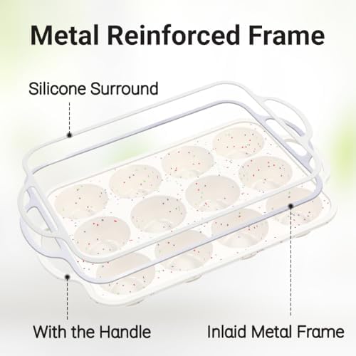 FUNBAKY Silicone Muffin Pan with Metal Frame, Nonstick 12 Cups Regular Size Silicone Muffin Tin for Oven Baking Easy to Move with Handle BPA Free