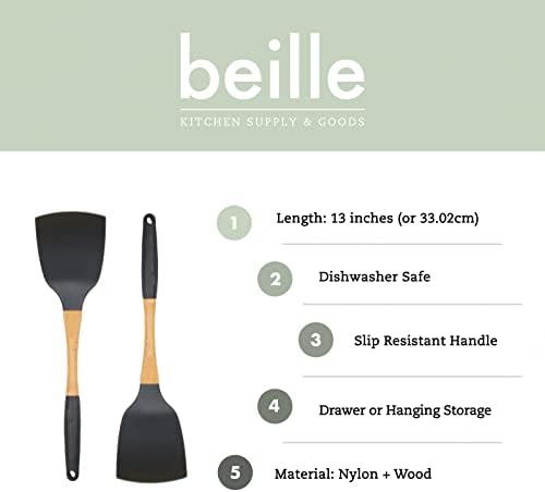 Beille Grey Nylon Spatula with Wooden Handle Kitchen Utensils High Heat Resistance, 13 Inch
