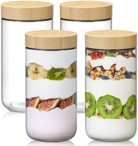 NETANY 4-pack 24oz Glass jars with Airtight Lids, Overnight Oats Containers with Bamboo Lids, Wide mouth Mason Salad jars, Glass Food Storage Containers for Snacks Yogurt Spice Sugar