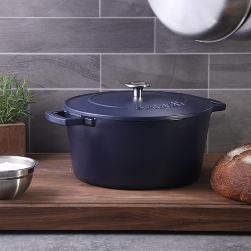Babish 6-Quart Round Enameled Cast Iron Dutch Oven with Lid – Blue, Heavy-Duty Dutch Oven for Slow Cooking, Braising & Baking