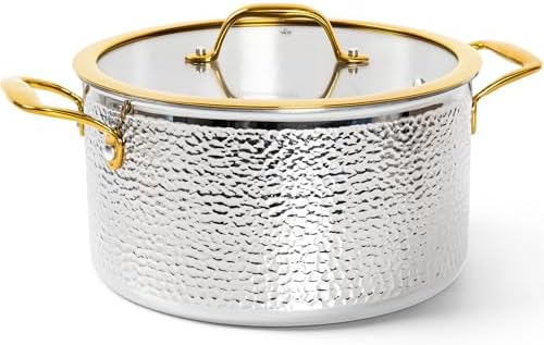Michelangelo Triply Stainless Steel Stock Pot with Lid, Luxury Hammered Stainless Steel 6 Quart Pot with Lid & Golden Handle, Premium Induction Stockpot - 6QT