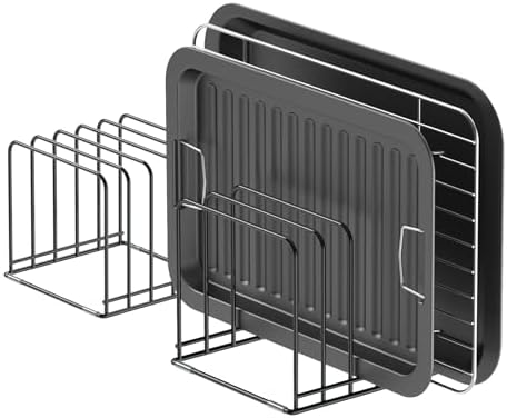 KORRTFID Kitchen Cabinet Organizer, Steel Cookware Holder, Divided Holder with 5 Slots for Skillets Baking Tray and Chopping Board Rack - Baking Pan Holder Storage (2 PCS)