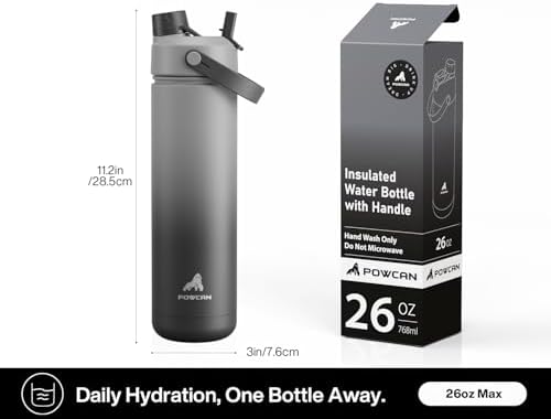 POWCAN 26 oz Insulated Water Bottle with 2-in-1 Straw and Spout Lid, Keep Cold 24H, Leak-Proof, Fits in Car Cup Holder, Stainless Steel Water Bottle for Sports, Travel, Gym, and School (Obsidian)