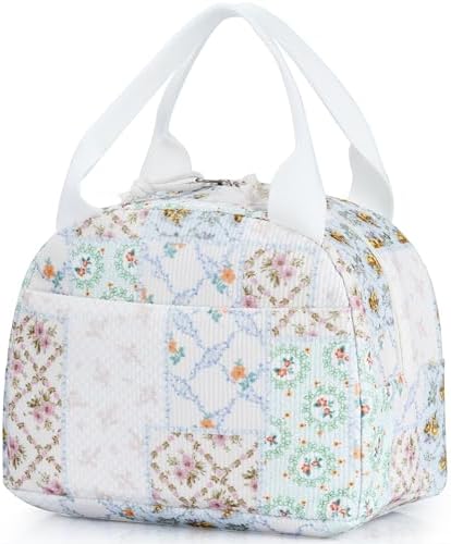 TESAFNG Lunch Bag - Insulated Lunch Box for Women, Reusable Large Capacity Cooler Bag for Adult, Small Leakproof Cute Corduroy Lunch Tote for Work Office Travel Picnic (Bee Floral)